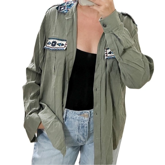 RAILS Kona Button-Front Linen Blend Embroidered Olive Green Shirt Sz L - Picture 4 of 5